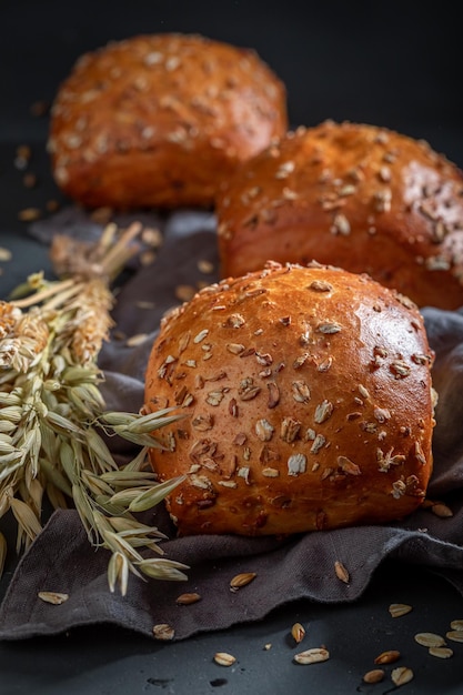 Rustic and healthy oat buns made of wheat grains