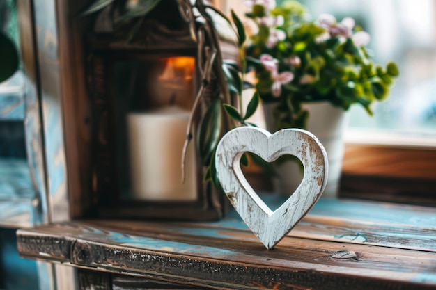 Photo rustic heartshaped photo frame on wooden desk with candle and flowers for cozy home decor