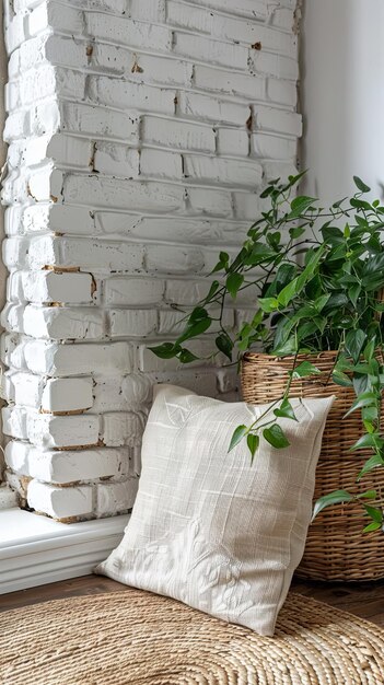 Photo rustic home decor with wicker basket pillow green plant on white brick wall