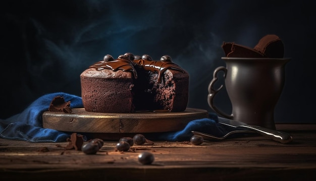 Rustic homemade chocolate dessert on wooden table generated by AI