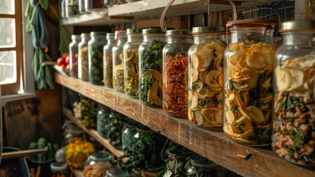 Photo rustic homestead kitchen filled with colorful preserved vegetables and jars