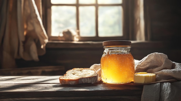 Photo a rustic honey jar with a wooden table