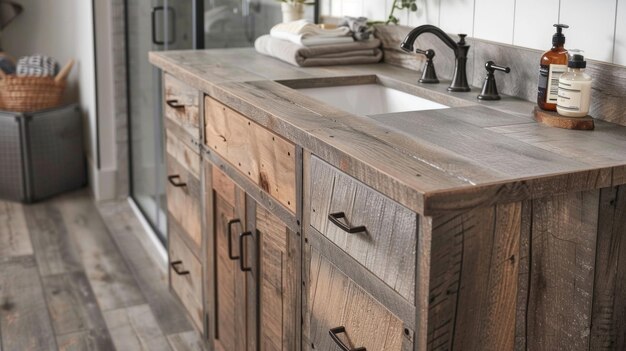 A rustic industrial bathroom is elevated with the use of stonelook lvt flooring the distressed