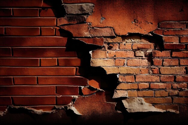 A rustic industrial brick wall with a weathered finish and cracks in the mortar