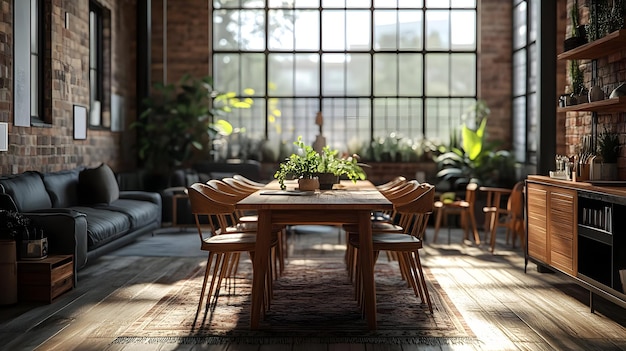 Photo rustic industrial dining room 3d illustration