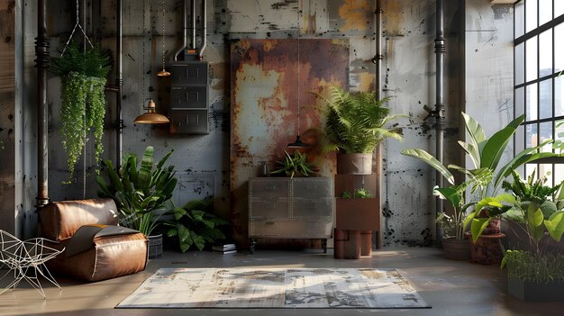 Photo rustic industrial loft oasis a harmonious blend of nature and urban elements