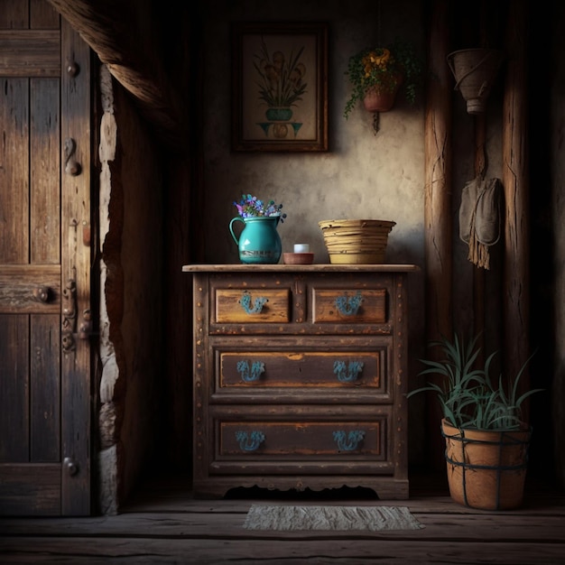 Rustic Interior with Wall Mock up featuring an Antique Commode Generative AI