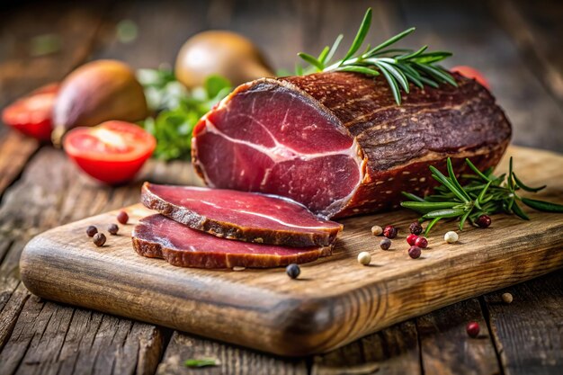 Rustic Italian antipasti with bresaola on chopping board