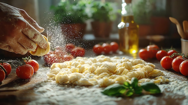 Photo rustic italian kitchen with fresh pasta dough