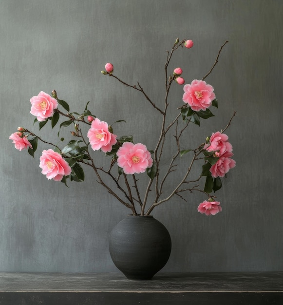 Photo rustic japanese camellia flower arrangement in a black vase traditional decor inspiration generative ai