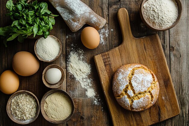 Photo rustic kitchen cornbread and simple ingredients gathered