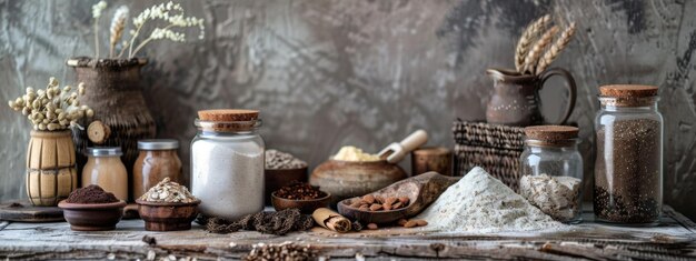 Photo rustic kitchen counter with jars of flour spices and natural ingredients