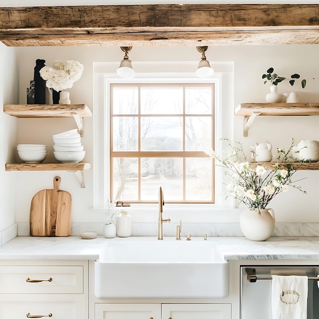 Rustic Kitchen Interior with White Cabinets Farmhouse Sink and Wooden Beams