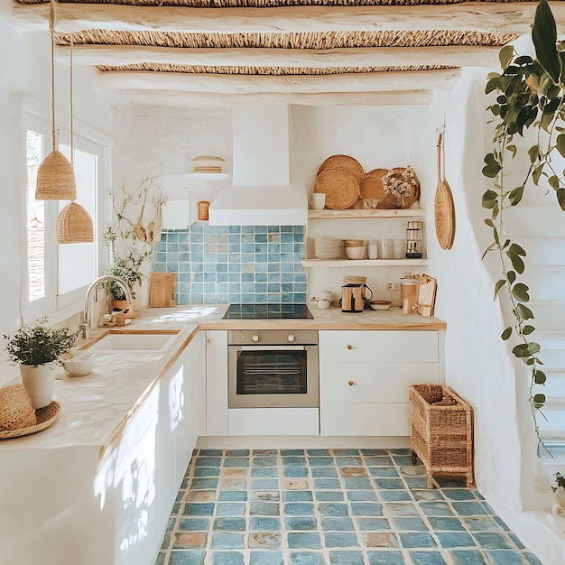 Rustic Kitchen Interior with Wooden Beams Blue Tiles and Natural Elements