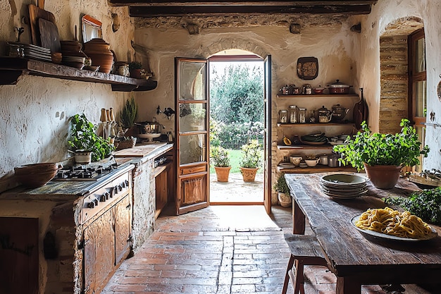 Photo rustic kitchen in italian countryside villa