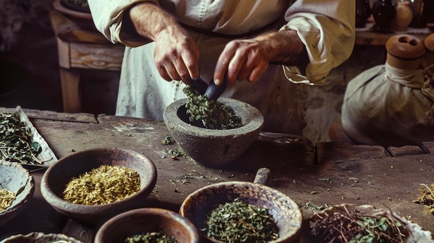 In a rustic kitchen a man carefully grinds various dried herbs with a mortar and pestle creating a