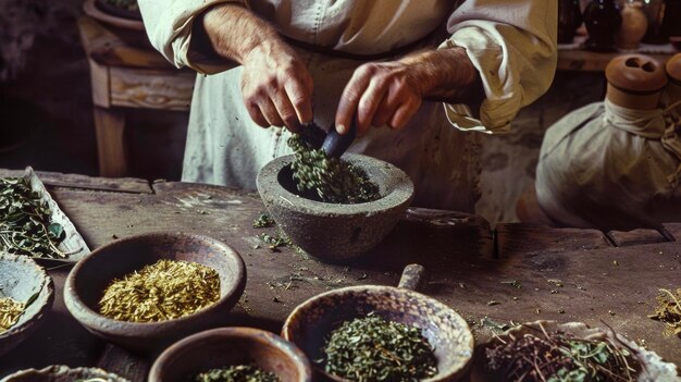 Photo in a rustic kitchen a man carefully grinds various dried herbs with a mortar and pestle creating a