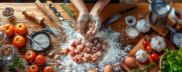 Rustic Kitchen Scene with Fresh Ingredients and Handmade Pasta Preparation