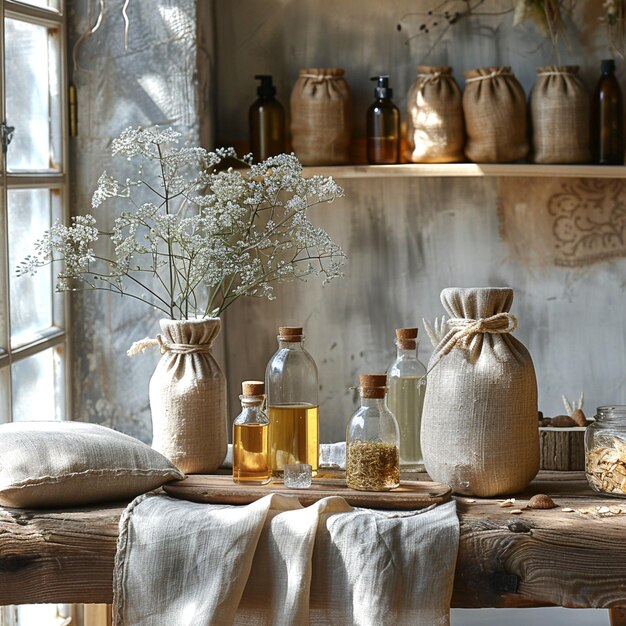 Photo rustic kitchen scene with natural ingredients and burlap sacks