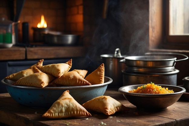 A rustic kitchen scene with samosas being prepared fo