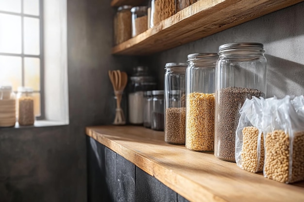 Photo rustic kitchen shelf with jars and bags of grains