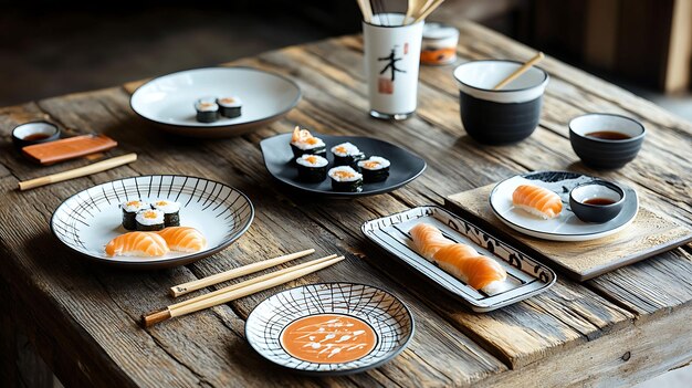 Photo rustic kitchen table charming crockery featuring sushi plate sake set chopstick rest perfect