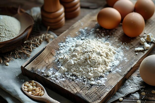 Rustic Kitchen Tabletop Still Life Flour and Eggs on Wooden Cutting Board Photo