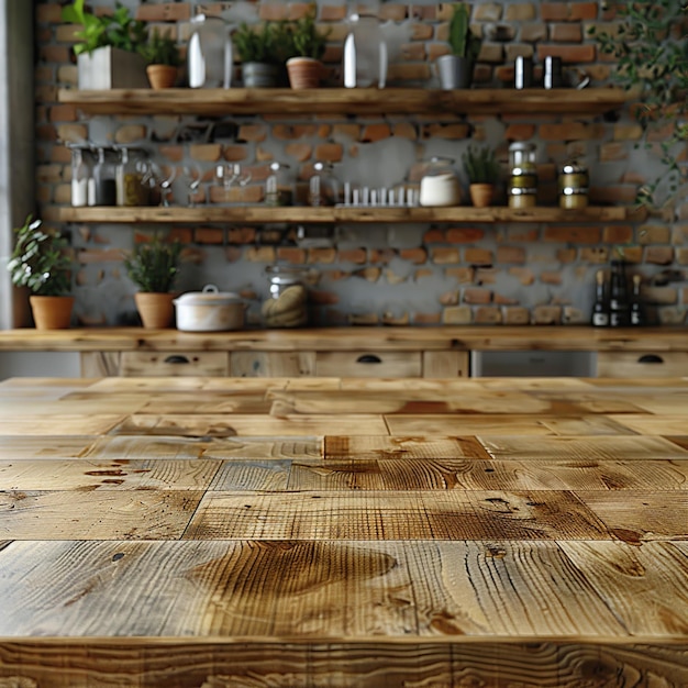 Photo rustic kitchen tabletop with blurred background