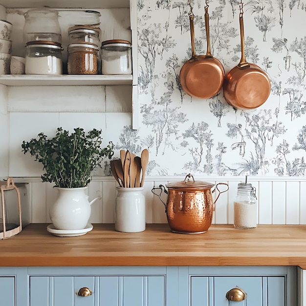 Rustic Kitchen with Copper Pots and Farmhouse Decor