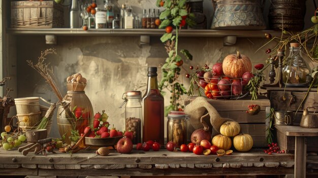 Rustic kitchen with fresh produce and jars