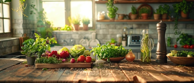 A rustic kitchen with fresh vegetables and herbs on a wooden table in 8k uhd