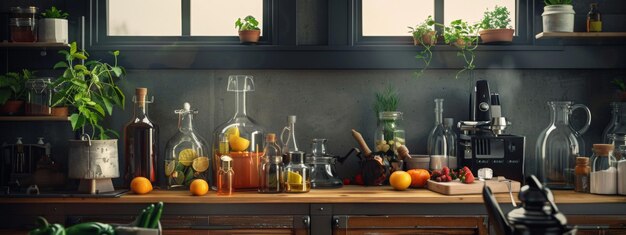 Rustic kitchen with glass jars fresh herbs and citrus fruits