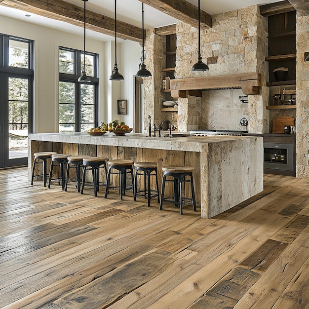 A rustic kitchen with wideplank reclaimed wood flooring and natural stone accents