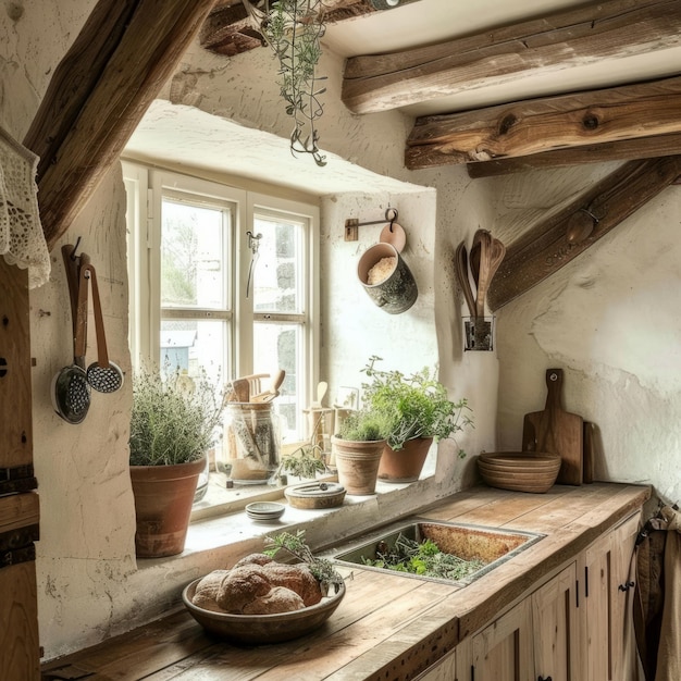 Photo a rustic kitchen with a window and a sink