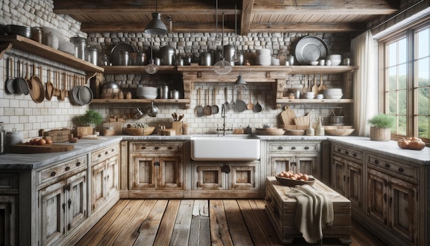 A rustic kitchen with wood cabinets and white walls with open shelves