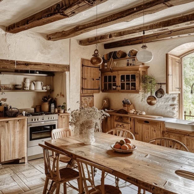 Photo rustic kitchen with wooden beams a farmhouse table and a vintage stove