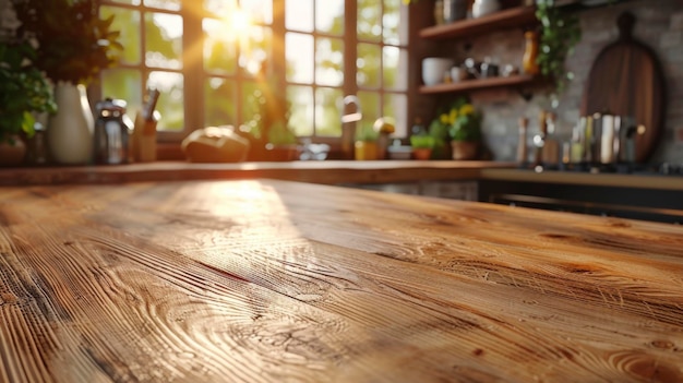 A rustic kitchen wooden table beside a window with trees in the background