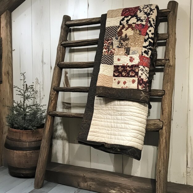 Photo a rustic ladder used for hanging quilts or blankets