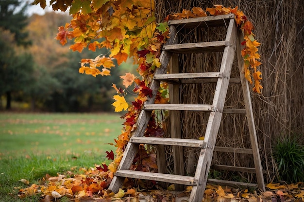 Photo rustic ladder with hanging bundles of autumn leaves