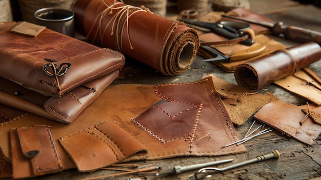 Rustic leather craft workshop with various tools and materials The warm tones of the