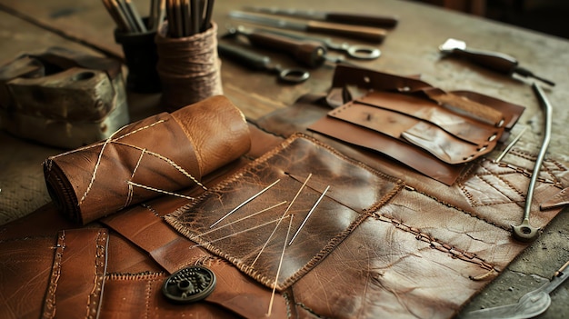 Rustic leather crafting scene with a variety of tools and materials