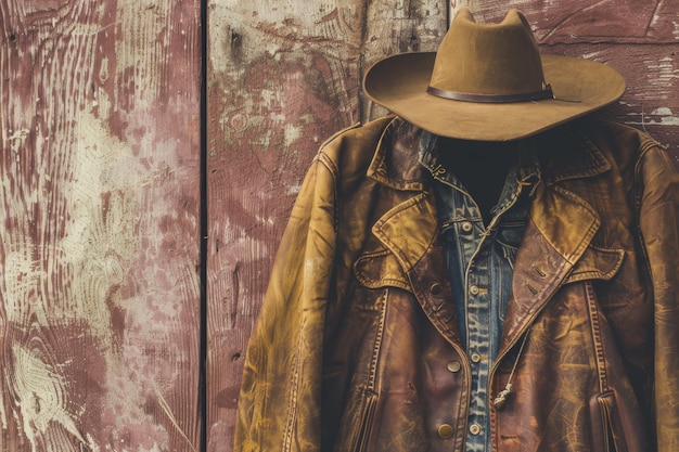 Photo a rustic leather jacket and a cowboy hat hang against a weathered wooden wall capturing the essence of the old west