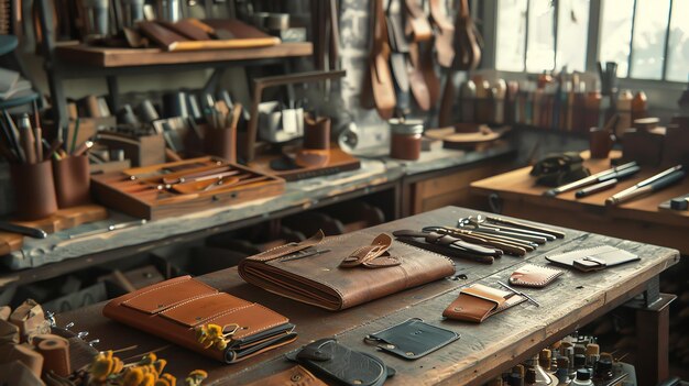 Rustic leather workshop with various handmade leather goods on display including wallets card