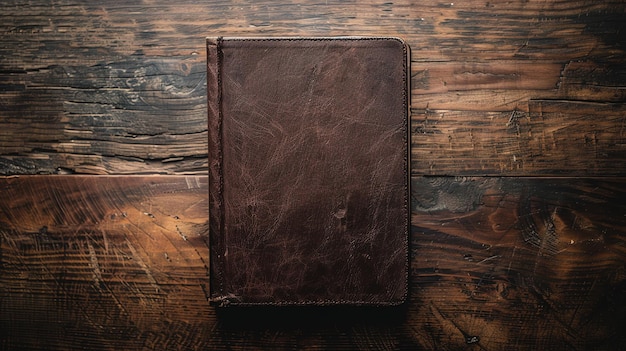 A rustic leatherbound journal lies closed on a dark wood surface