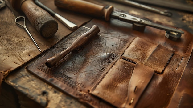 Rustic leatherworking tools and materials on a wooden table The image is dark and