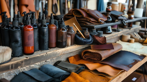 Rustic leatherworking tools and materials on a wooden table in a workshop