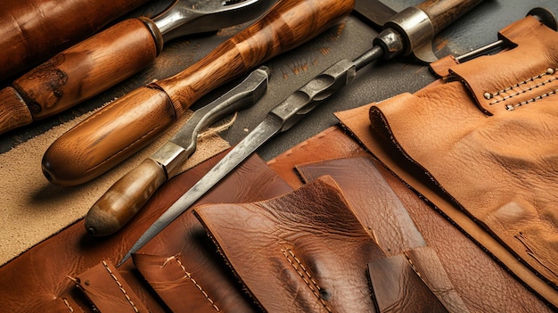 Rustic leatherworking tools and materials