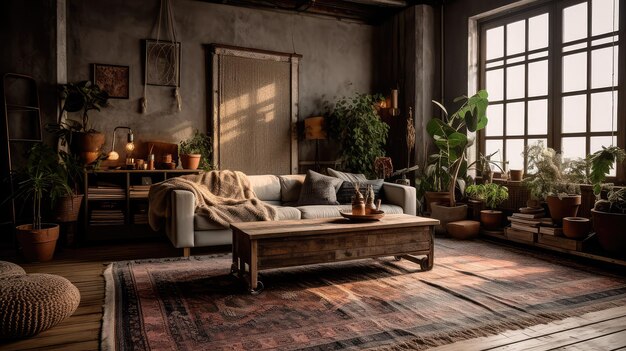 A rustic living room in an industrial style filled with vintage decor and cozy textiles Generative AI