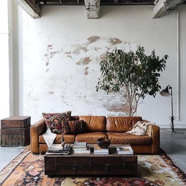 Rustic Living Room Interior with Leather Sofa Vintage Trunk Coffee Table and Exposed Brick Wall