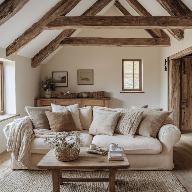 Photo rustic living room with exposed beams and cozy sofa